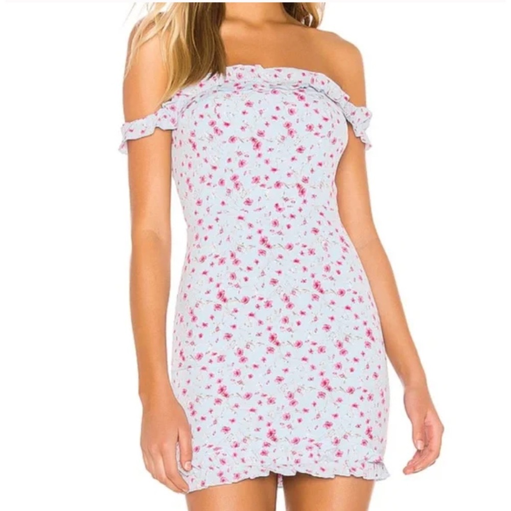 Superdown light blue floral off shoulder mini dress